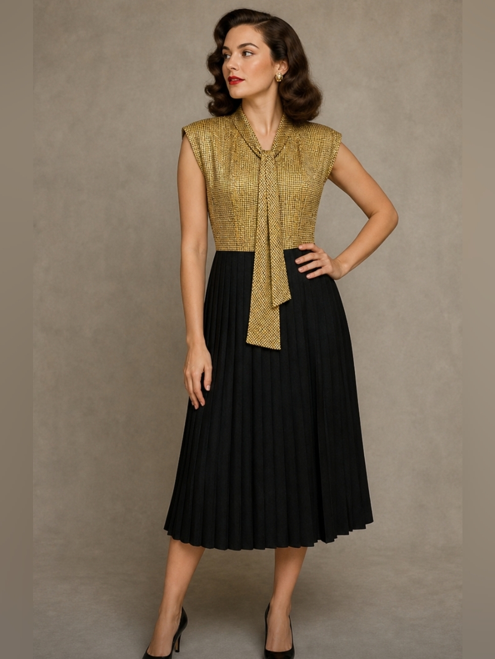 Leslie Fay vintage dress gold with black pleated skirt, size 6
